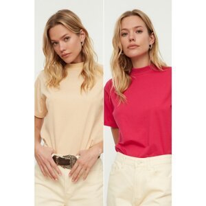 Trendyol Beige-Multicolored Stand Up Collar 2-Pack Basic Knitted Tshirt T-Shirt
