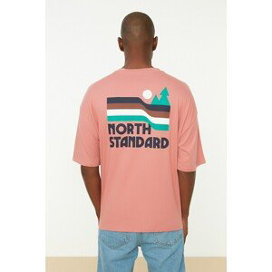 Trendyol Dried Rose Men's Oversize Fit 100% Cotton Crew Neck Short Sleeve Printed T-Shirt