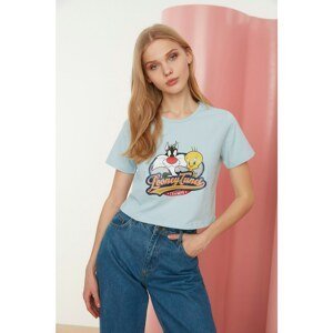 Trendyol Light Blue Looney Tunes Licensed Crop Knitted T-Shirt