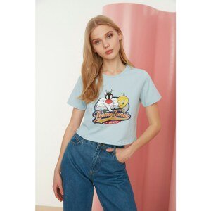 Trendyol Light Blue Looney Tunes Licensed Crop Knitted T-Shirt