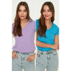 Trendyol Blue-Lilac Single Jersey V-Neck 2-Pack Knitted T-Shirt