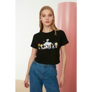 Trendyol Black Snoopy Licensed Printed Crop Knitted T-Shirt