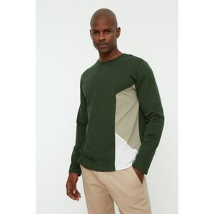 Trendyol Green Men Regular Fit 100% Cotton Long Sleeve Crew Neck Paneled T-Shirt