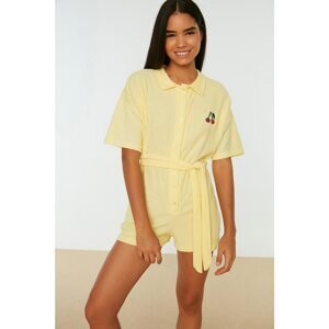 Trendyol Yellow Embroidered Belted Terry Fabric Knitted Overalls