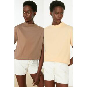 Trendyol Beige-Mink 2 Pack 100% Cotton Basic High Collar Knitted T-Shirt