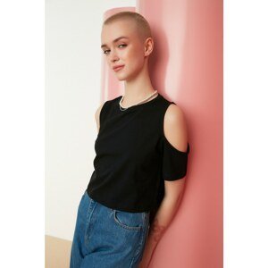 Trendyol Black Cut Out Detailed Crop Knitted T-Shirt