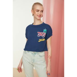 Trendyol Navy Blue Printed Crop Knitted T-Shirt