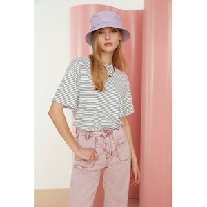 Trendyol White Striped Loose Knitted T-Shirt
