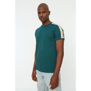 Trendyol Emerald Green Men's Crew Neck Slim Fit 100% Cotton Shoulder Striped T-Shirt