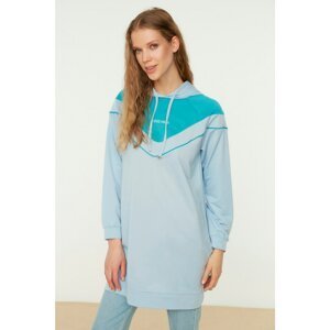 Trendyol Blue Hoodie Print Detailed Knitted Sweatshirt