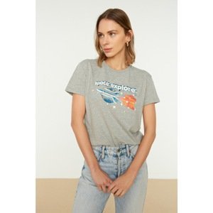 Trendyol Gray Printed Semi-Fitted Knitted T-Shirt
