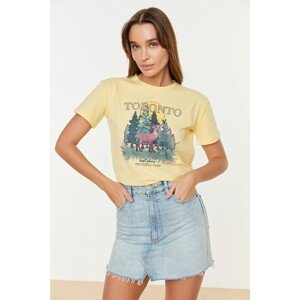 Trendyol Yellow Printed Semi-Fitted Knitted T-Shirt