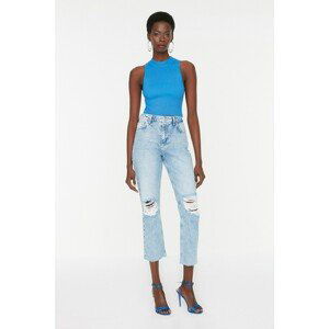 Trendyol Light Blue Ripped Detailed High Waist Straight Jeans