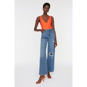 Trendyol Dark Blue Ripped Detailed High Waist Wide Leg Jeans