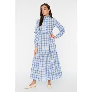 Trendyol Blue Stand Up Collar Ruffle Detailed Woven Dress
