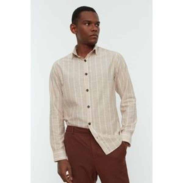 Trendyol Men's Beige Regular Fit Shirt Collar Striped Shirt