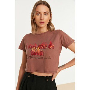 Trendyol Brown Printed Crop Knitted T-Shirt