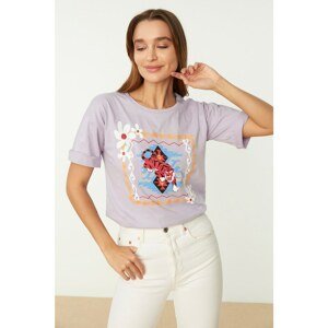 Trendyol Lilac Printed Loose Knitted T-Shirt