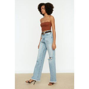 Trendyol Blue Ripped Detailed Elevated Waist Wide Leg Jeans