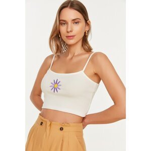 Trendyol White Strap Embroidered Corduroy Crop Knitted Singlet