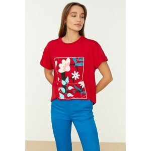 Trendyol Red Printed Boyfriend Knitted T-Shirt