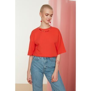 Trendyol Orange 100% Cotton Printed Boyfriend Crew Neck Knitted T-Shirt