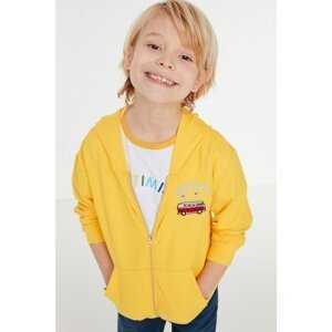 Trendyol Mustard Embroidery Detailed Hooded Boy Knitted Cardigan