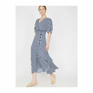 Koton Women's Navy Blue V-Neck Short Sleeve Striped Maxi Dress