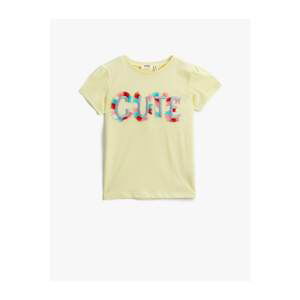 Koton Girl's Yellow Slogan T-Shirt Tasseled Crew Neck Cotton