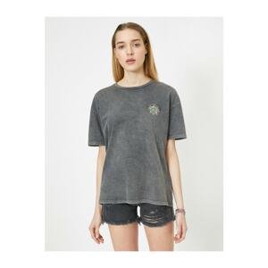 Koton Crew Neck Aging Patterned Logo Embroidered T-Shirt