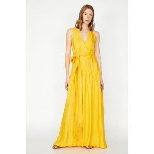 Koton Women's Yellow V-Neck Sleeveless Tie Waist Maxi Dress