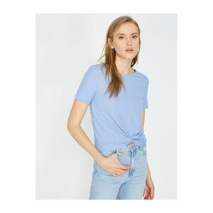 Koton Women's Blue Crew Neck Short Sleeve Pleated T-Shirt