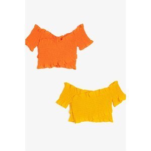 Koton Girl's Orange Pleated V-Neck Short Sleeve Blouse