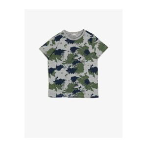 Koton Boy's Khaki Patterned Camouflage Patterned Cotton Short Sleeve Crew Neck T-Shirt