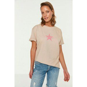 Trendyol Beige Printed Boyfriend Knitted T-Shirt