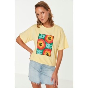 Trendyol Yellow Printed Boyfriend Knitted T-Shirt