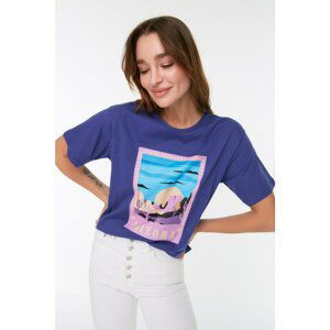 Trendyol Purple Printed Boyfriend Knitted T-Shirt