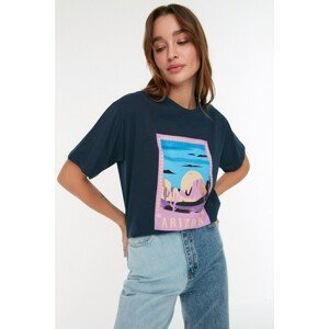 Trendyol Navy Blue Printed Boyfriend Knitted T-Shirt