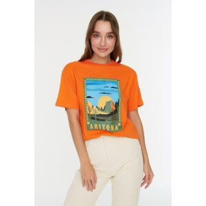 Trendyol Orange Printed Boyfriend Knitted T-Shirt