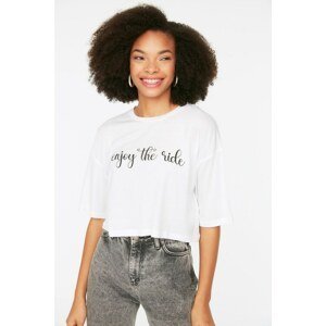 Trendyol White Printed Loose Crop Knitted T-Shirt