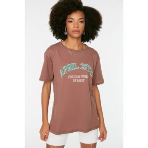 Trendyol Brown Printed Boyfriend Knitted T-Shirt