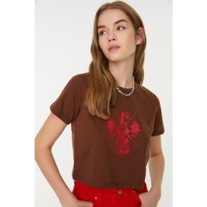 Trendyol Brown Printed Crop Knitted T-Shirt