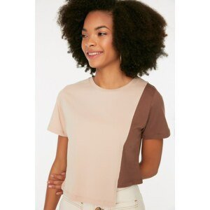 Trendyol Beige Color Block Asymmetric Semifitted Knitted T-Shirt