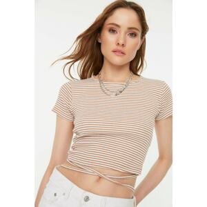 Trendyol Camel Striped and Ribbed Super Crop Knitted Blouse
