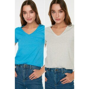 Trendyol Gray Melange-Blue Single Jersey V Neck 2-Pack Knitted T-Shirt