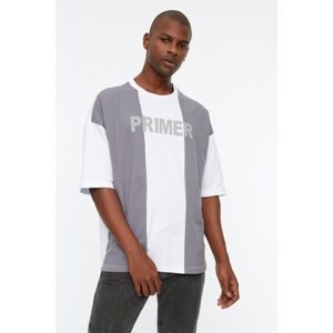 Trendyol Gray Men's Oversize Fit Short Sleeve Crew Neck Paneled Printed T-Shirt