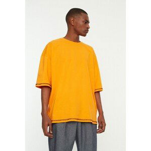 Trendyol Orange Men's Oversize Fit 100% Cotton Crew Neck Short Sleeve Embroidered T-Shirt