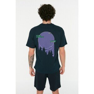 Trendyol Navy Blue Relaxed/Comfortable Cut Back Printed 100% Cotton T-Shirt