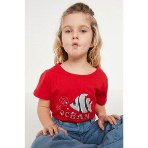 Trendyol Red Glitter Printed Girls' Knitted T-Shirt