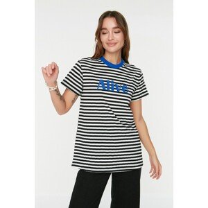 Trendyol Black Striped Collar and Print Detailed Knitted T-Shirt